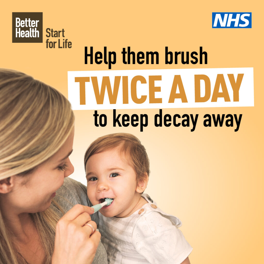 Help them brush twice a day to keep decay away.